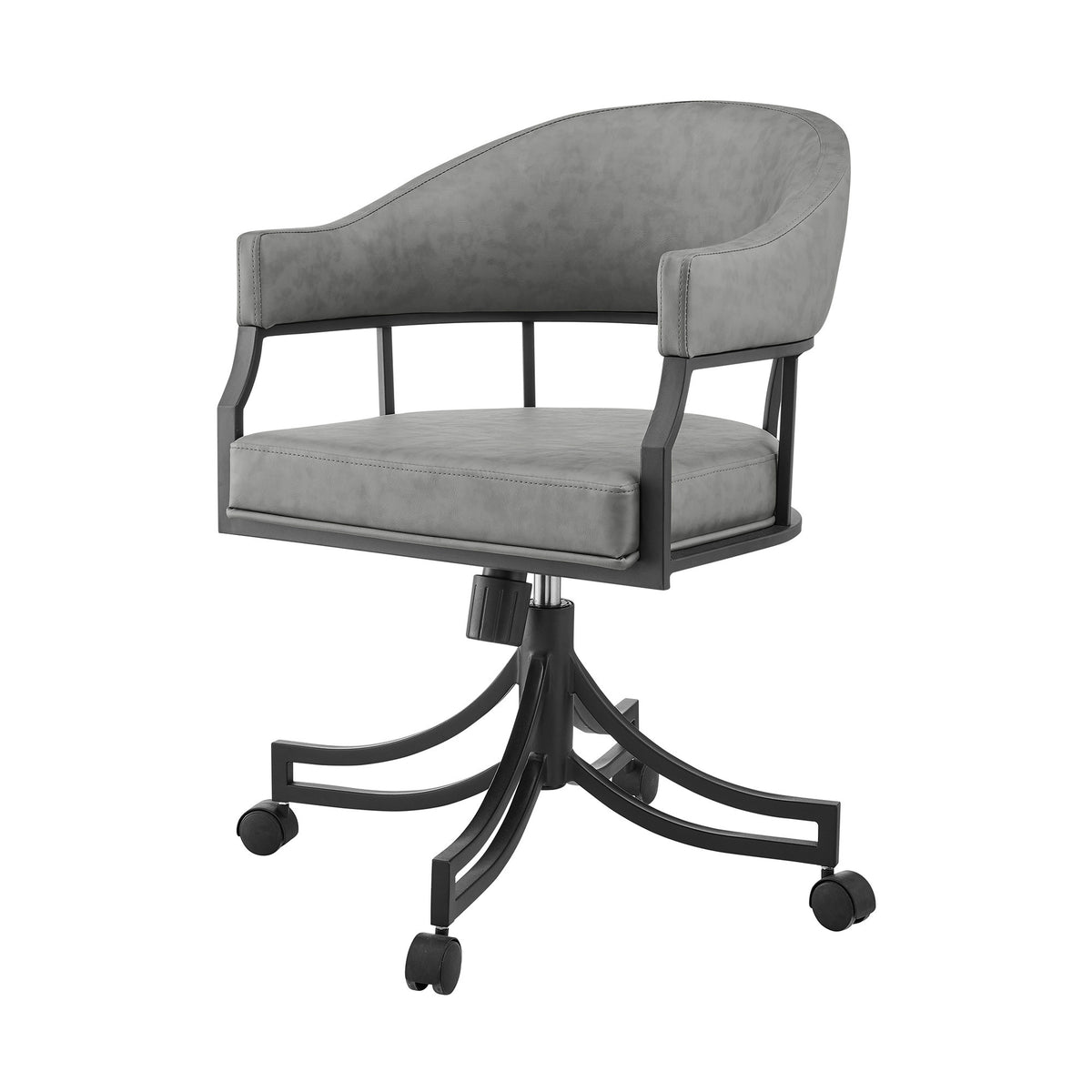 Gray And Black Upholstered Faux Leather Open Back Dining Arm Chair With Wheels