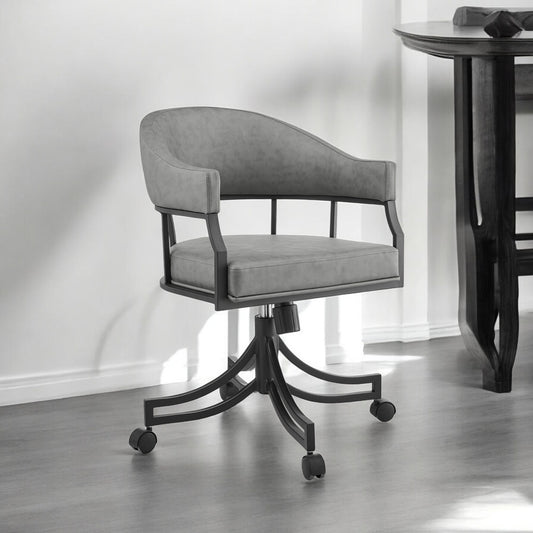 Gray And Black Upholstered Faux Leather Open Back Dining Arm Chair With Wheels