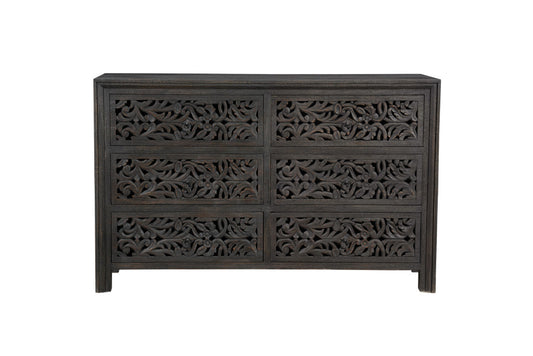 57" Black Solid Wood Six Drawer Dresser