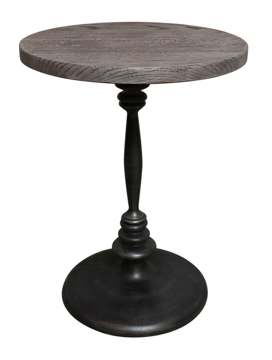 21" Natural and Black Distressed Solid Wood and Iron Round Pedestal End Table