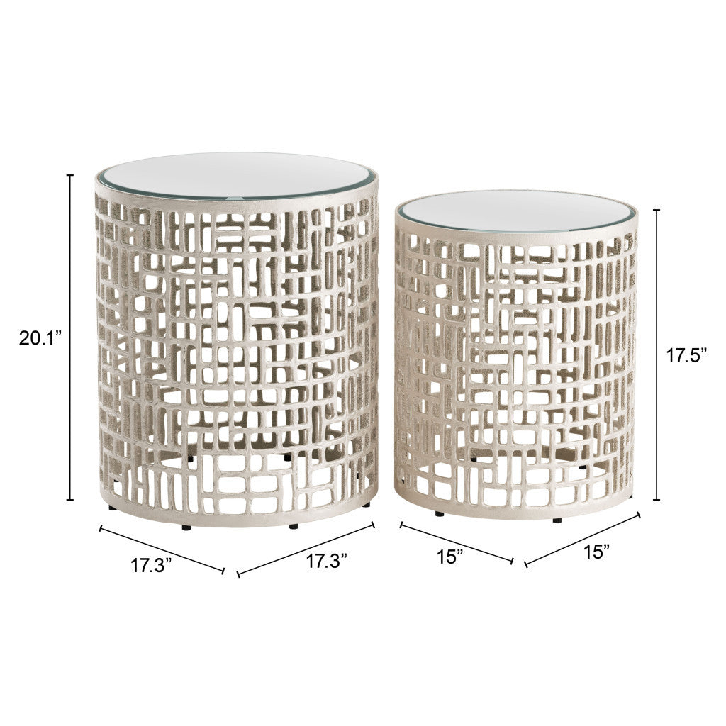 20" Silver Mirrored Glass And Aluminum Round Pedestal End Table