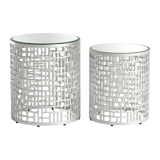 20" Silver Mirrored Glass And Aluminum Round Pedestal End Table