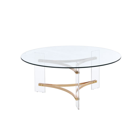 41" Clear and Gold Glass Acrylic and Brass Round Coffee Table