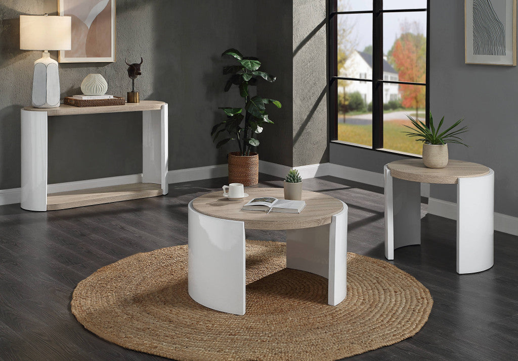 33" Oak and White Wood Round Partial Frame Coffee Table