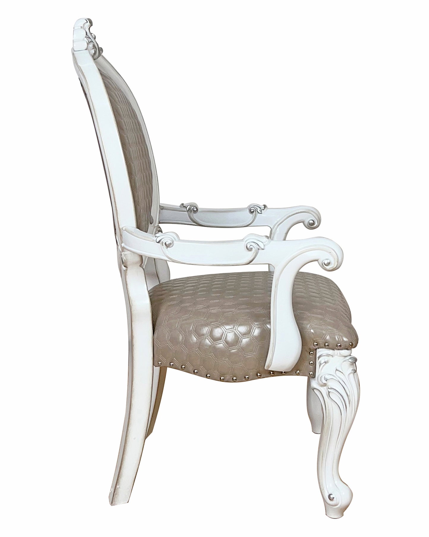 Set of Two Gray and White Upholstered Faux Leather And Solid Wood King Louis Back Dining Arm Chairs