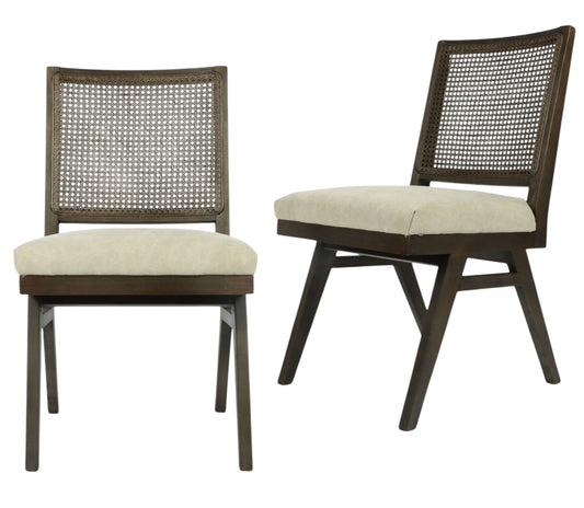 Set of Two Dark Brown And Gray Wood Cane And Upholstery Dining Side Chairs