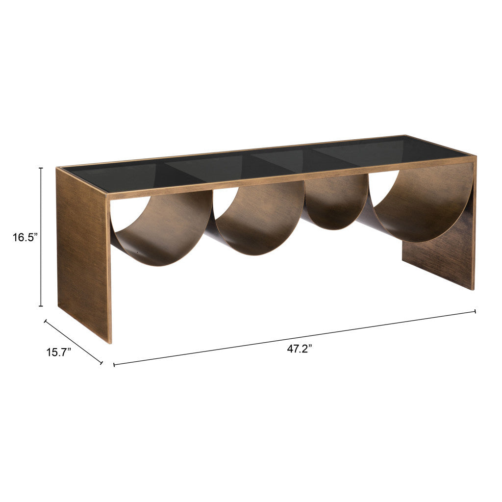 48" Black and Brass Mirrored Glass and Steel Solid Coffee Table