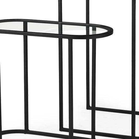Set of Two 13" Clear and Black Glass and Metal Tray Tables