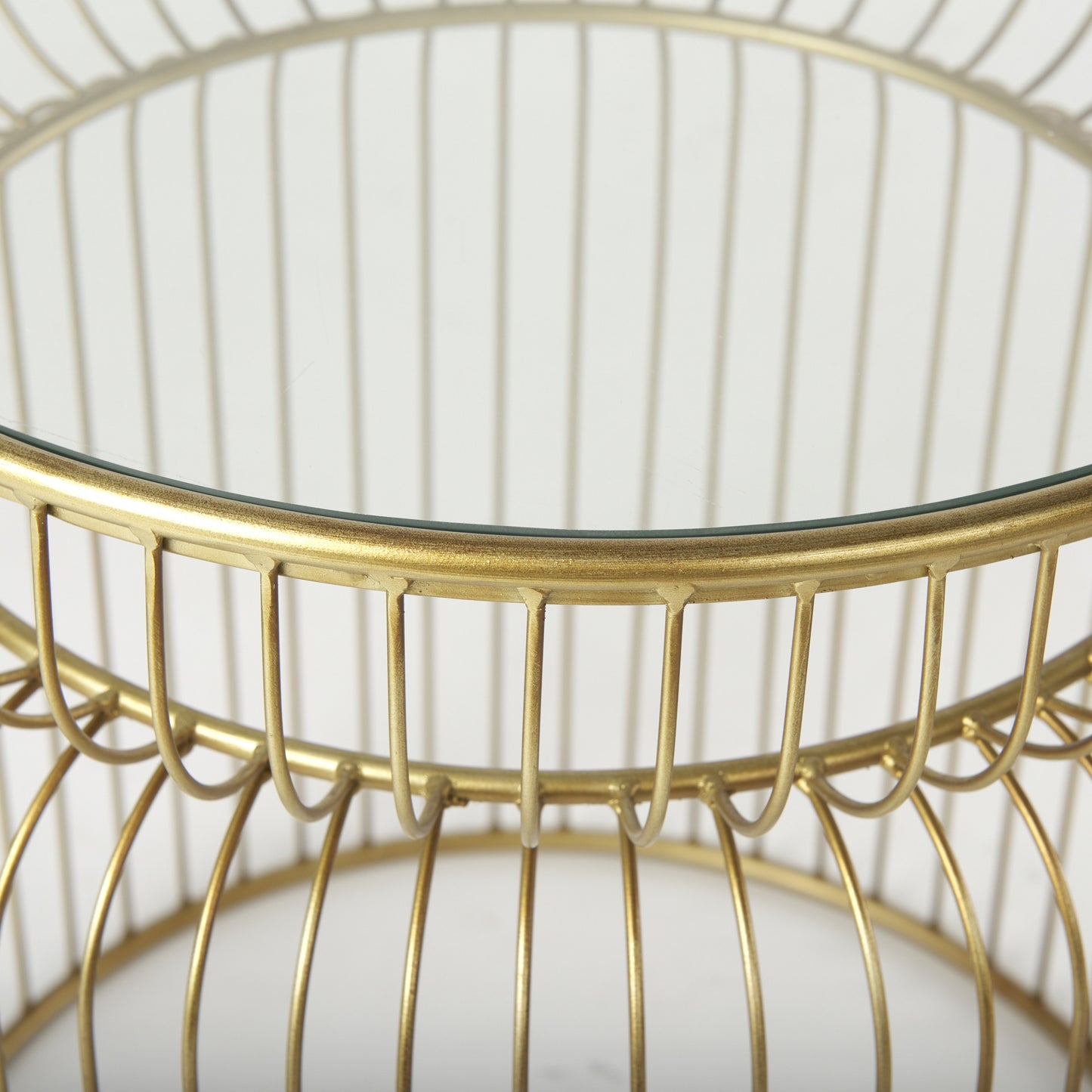 Set of Two Clear and Gold Tempered Glass and Metal Wire Round Drum End Tables