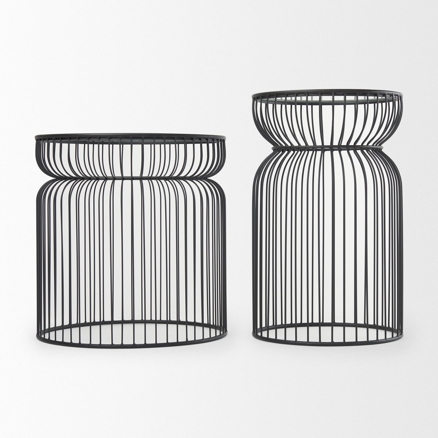 Set of Two Clear and Black Tempered Glass and Metal Wire Round Drum End Tables