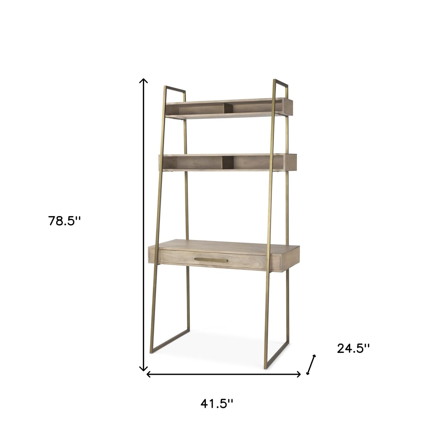42" Brown and Gold Solid Wood and Metal Sled Ladder Desk