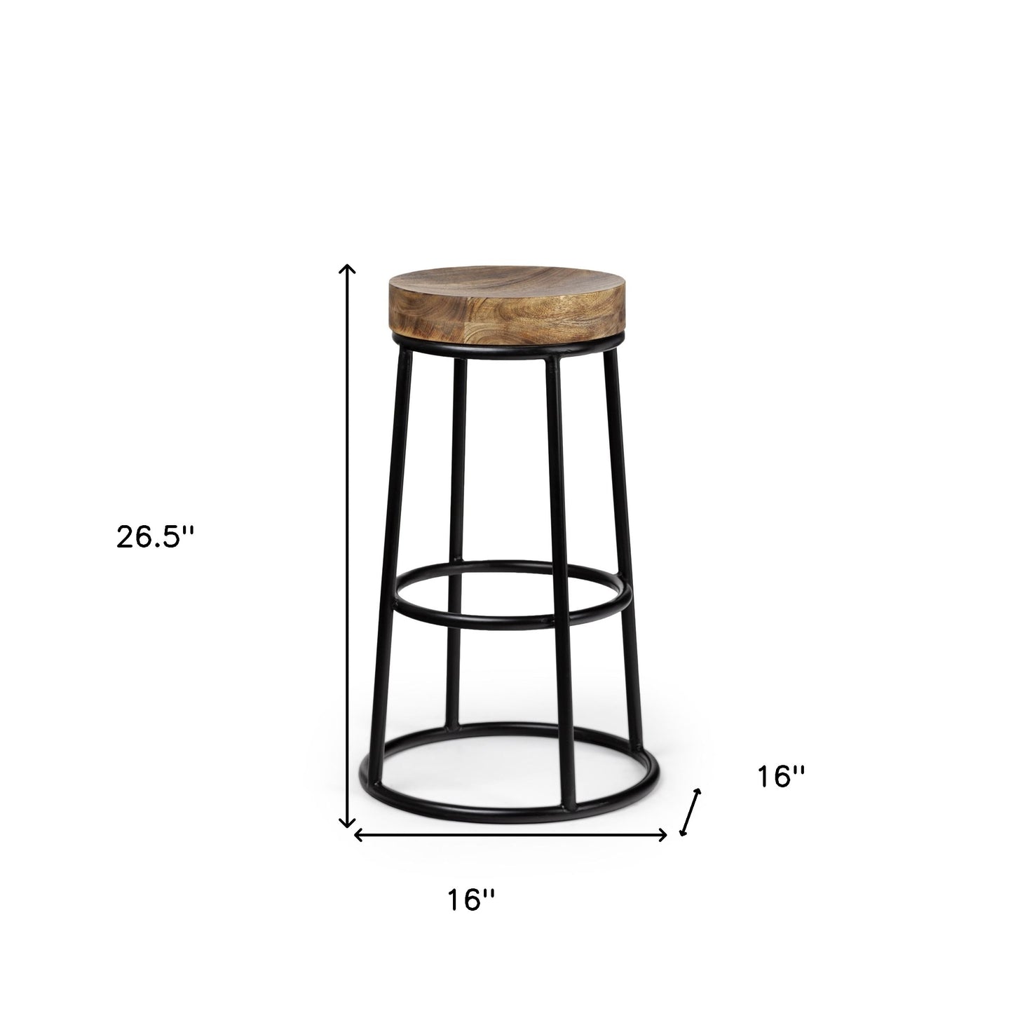 26" Natural and Black Solid Wood and Iron Backless Counter Height Bar Chair