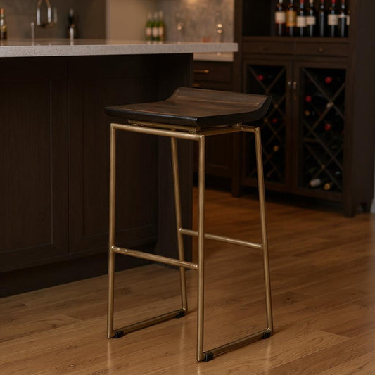 30" Black and Gold Solid Wood and Metal Backless Bar Height Bar Chair
