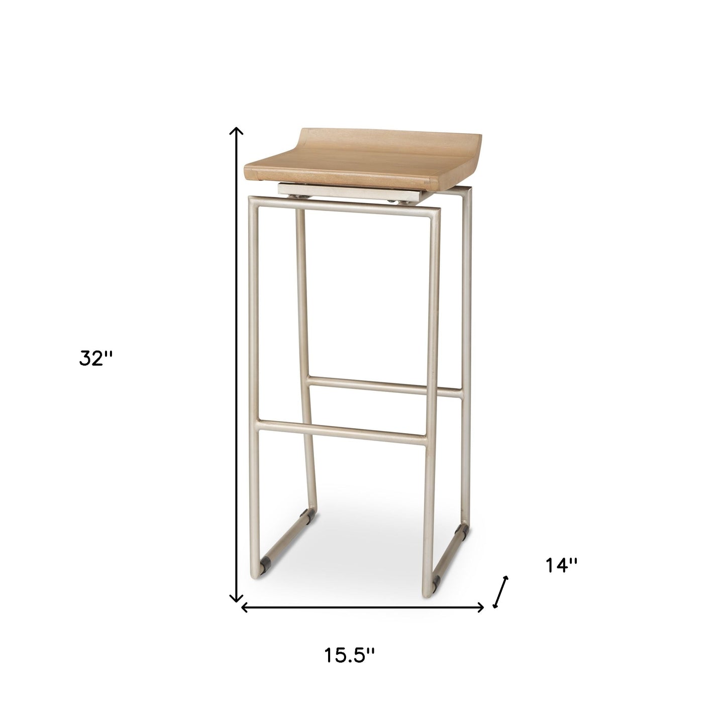 31" Natural and Silver Solid Wood and Iron Low Back Bar Height Bar Chair