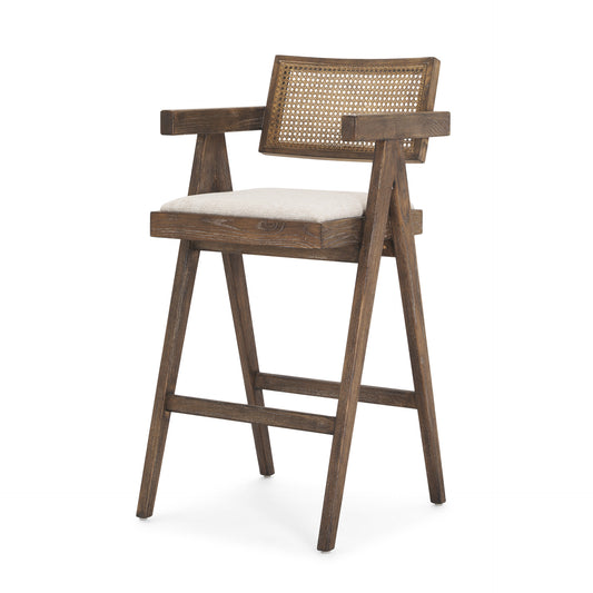 30" Off White and Brown Fabric and Solid Wood Low Back Bar Height Bar Chair