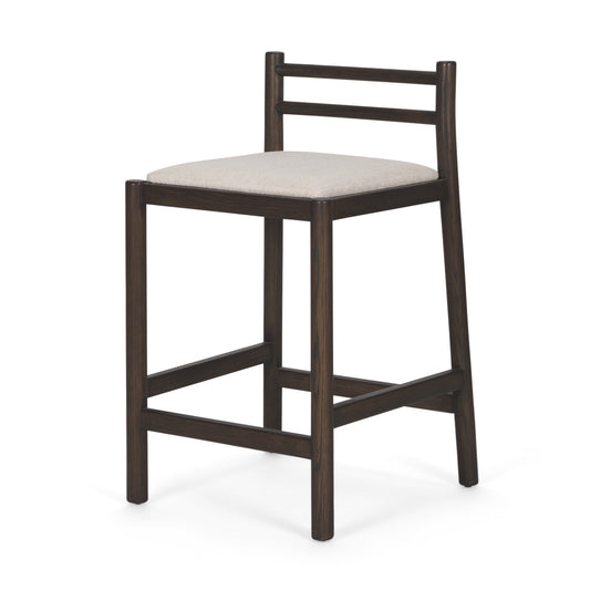 26" Cream and Dark Brown Fabric and Solid Wood Low Back Counter Height Bar Chair