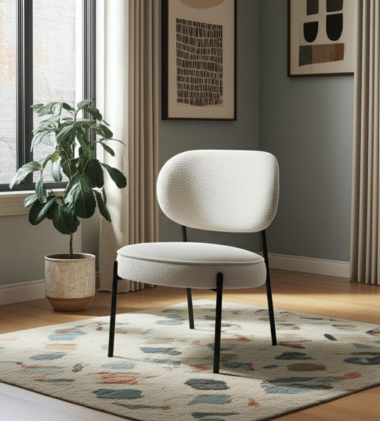 21" Cream and Black Boucle and Metal Lounge Chair