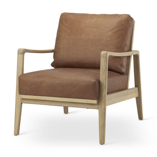 34" Brown and Natural Genuine Leather and Solid Wood Arm Chair