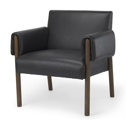 30" Black and Dark Brown Faux Leather and Solid Wood Arm Chair