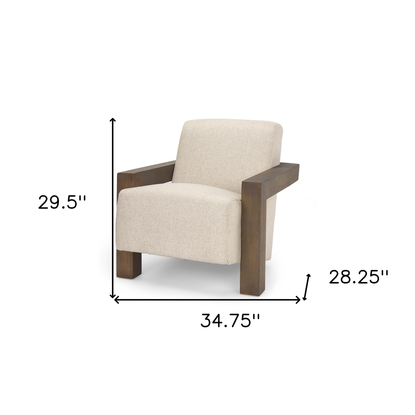 35" Cream and Brown Fabric and Solid Wood Arm Chair