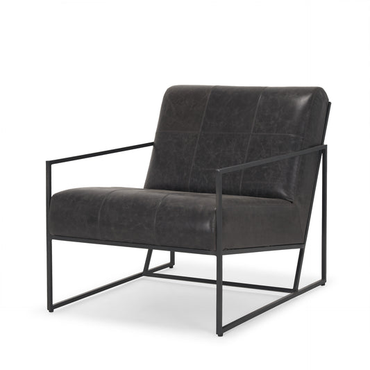 37" Black Genuine Leather and Metal Lounge Chair