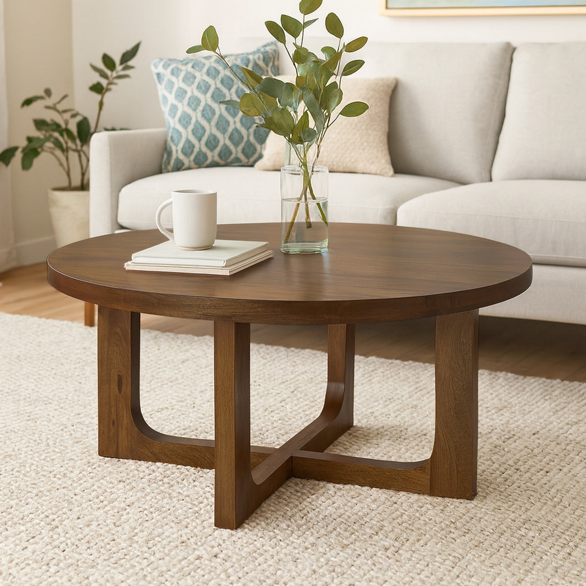 36" Brown Solid Wood Round Cross Legs Coffee Table