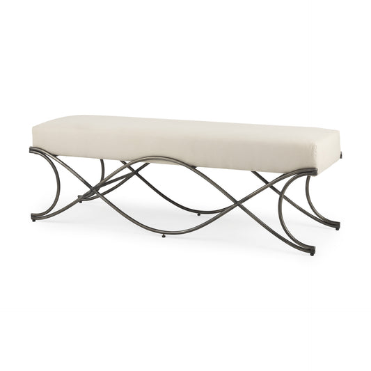 55" Cream and Nickel Fabric and Metal Upholstered Bench