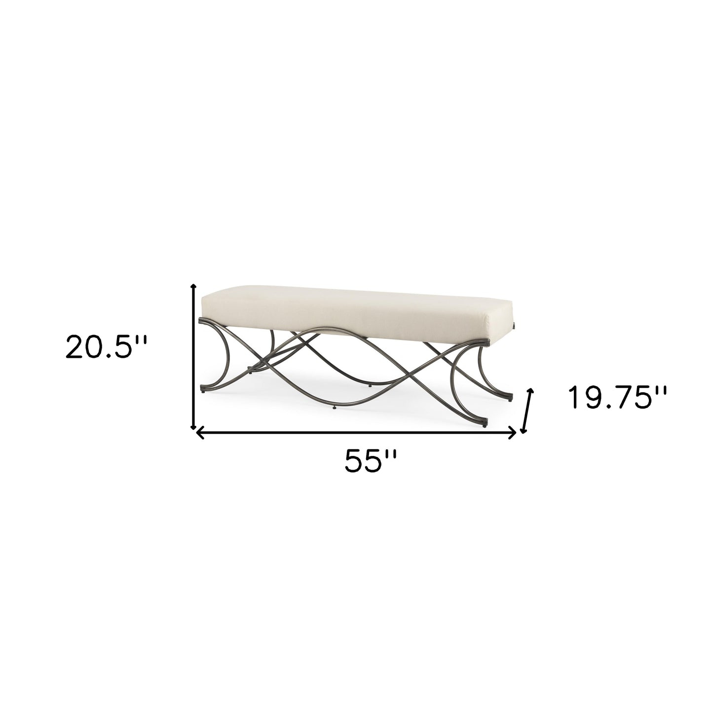 55" Cream and Nickel Fabric and Metal Upholstered Bench