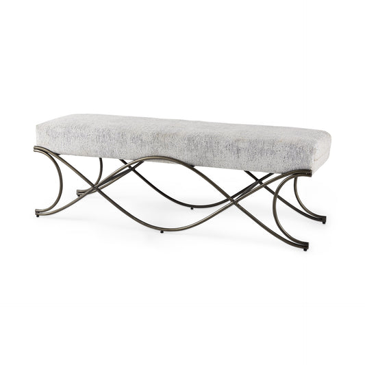 55" Dark Gray and Nickel Chenille and Metal Upholstered Bench