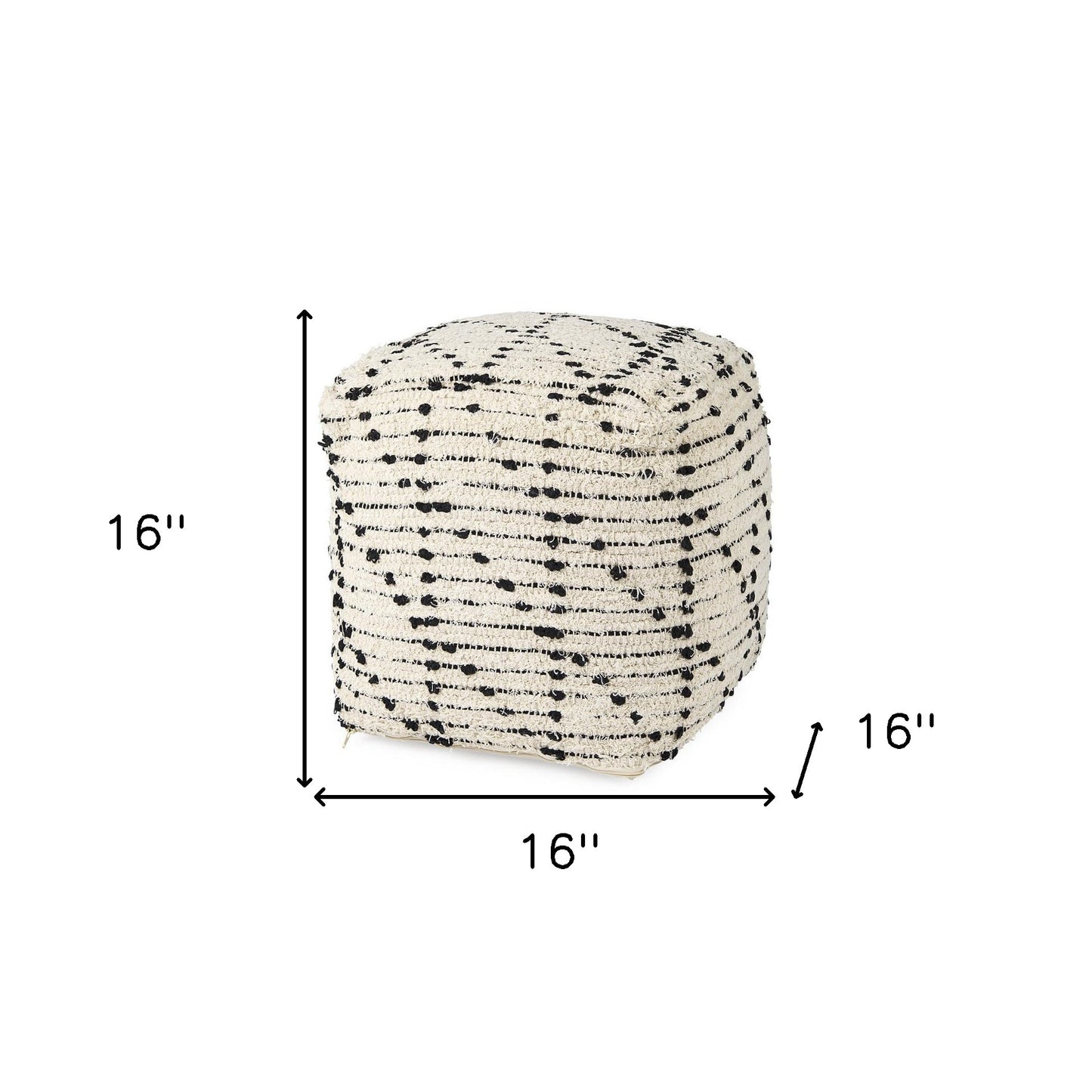 16" Cream And Black Cotton Geometric Cube Pouf Ottoman