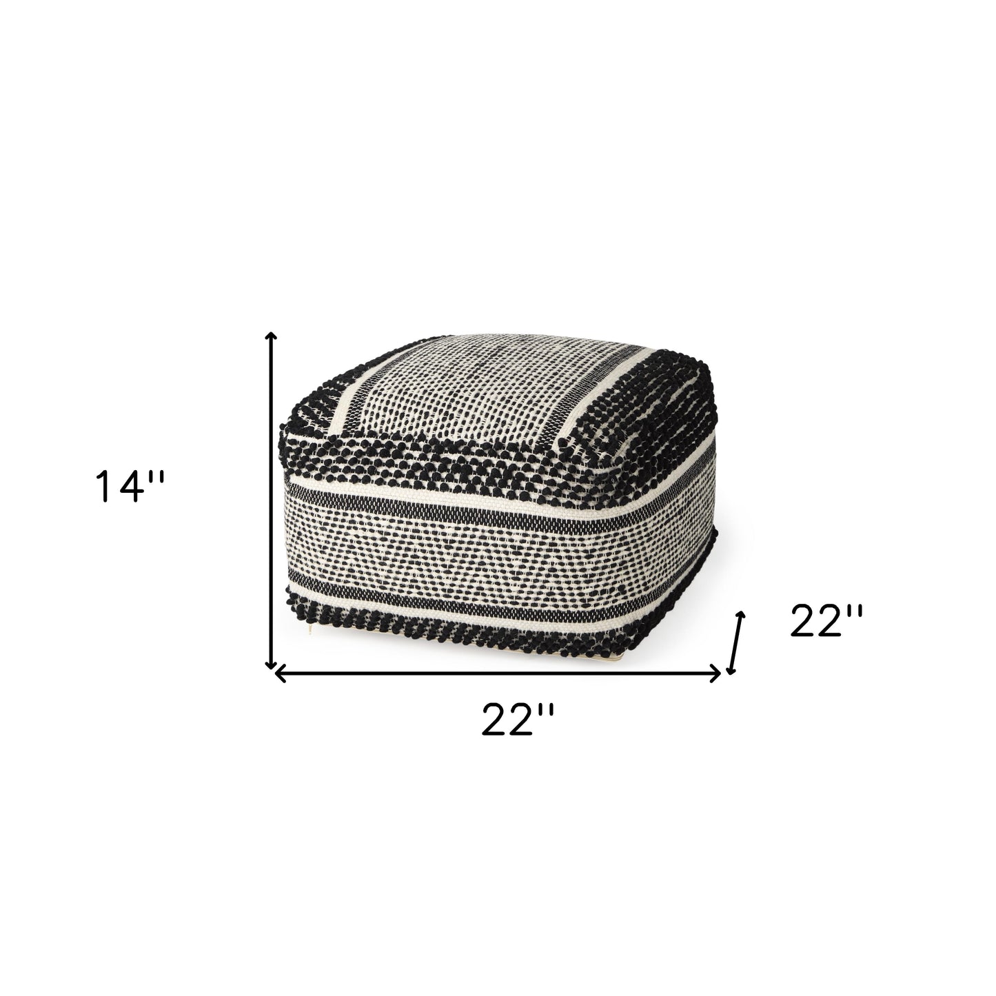 22" Black and White Cotton And Wool Geometric Pouf Ottoman