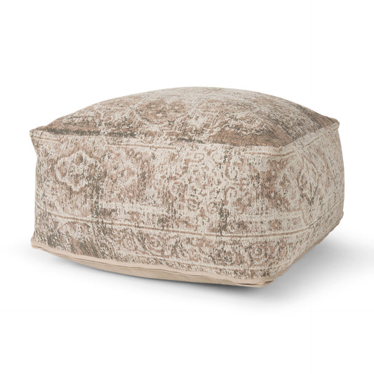 36" Beige and Taupe Chenille Damask Pouf Ottoman