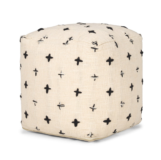 16" Cream And Black Wool Polka Dots Cube Pouf Ottoman