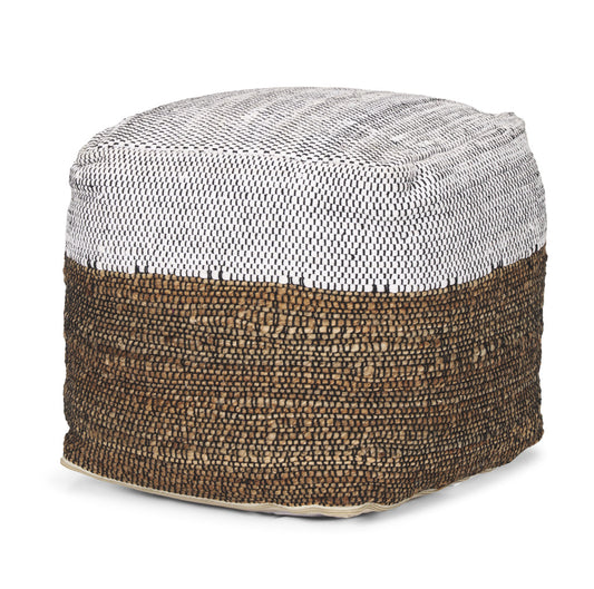 16" White Black And Natural Cotton And Jute Color Block Cube Pouf Ottoman