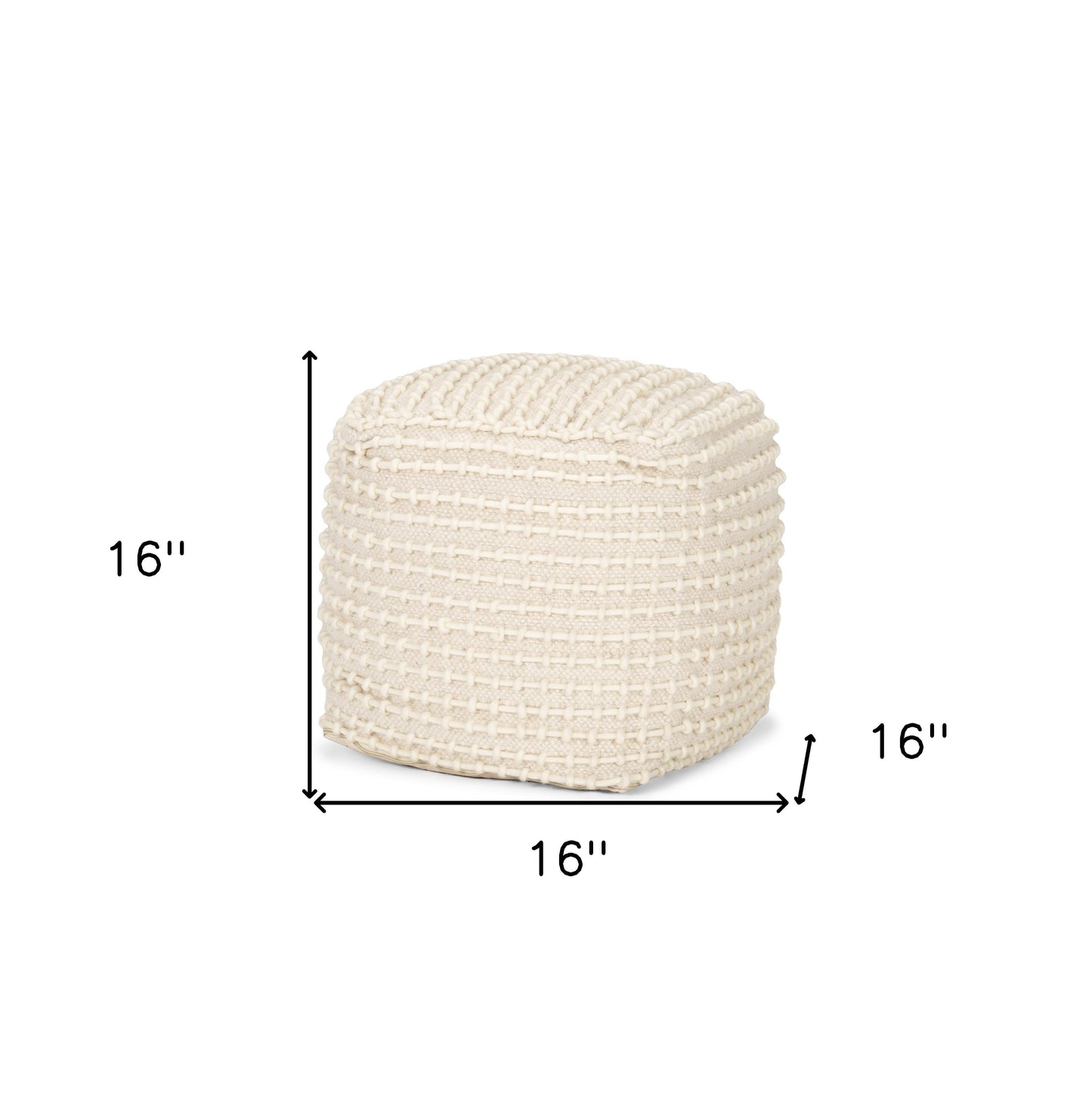 16" Beige and Cream Wool Striped Cube Pouf Ottoman