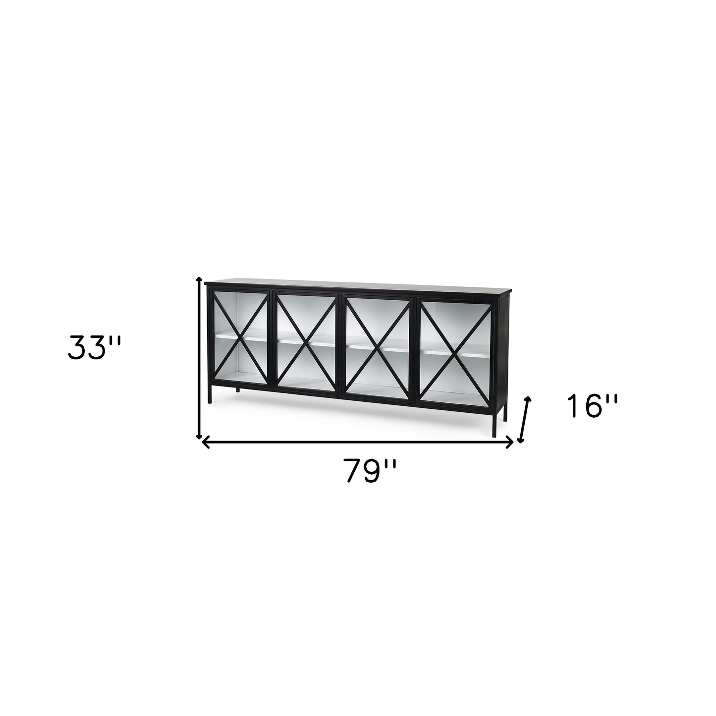79" Black And White Iron Sideboard Soft Close with Four Glass Doors