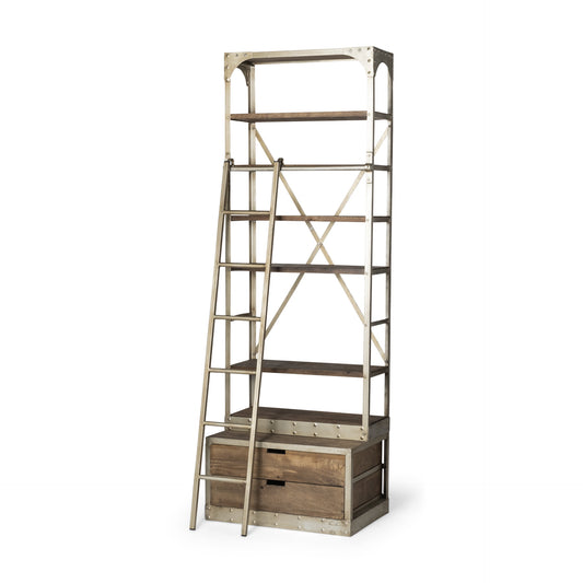 32" Light Brown And Nickel Metal and Solid Wood Six Tier Library Bookcase with Two Drawers