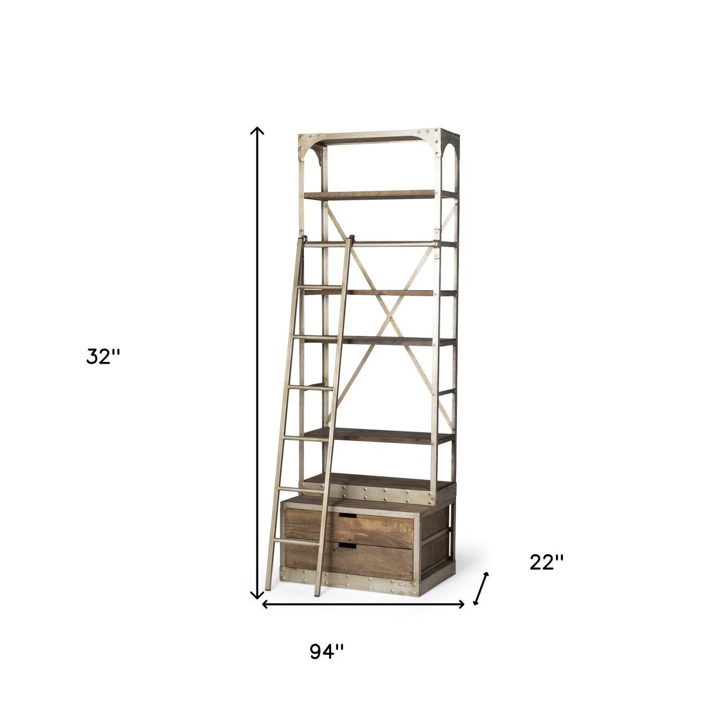 32" Light Brown And Nickel Metal and Solid Wood Six Tier Library Bookcase with Two Drawers