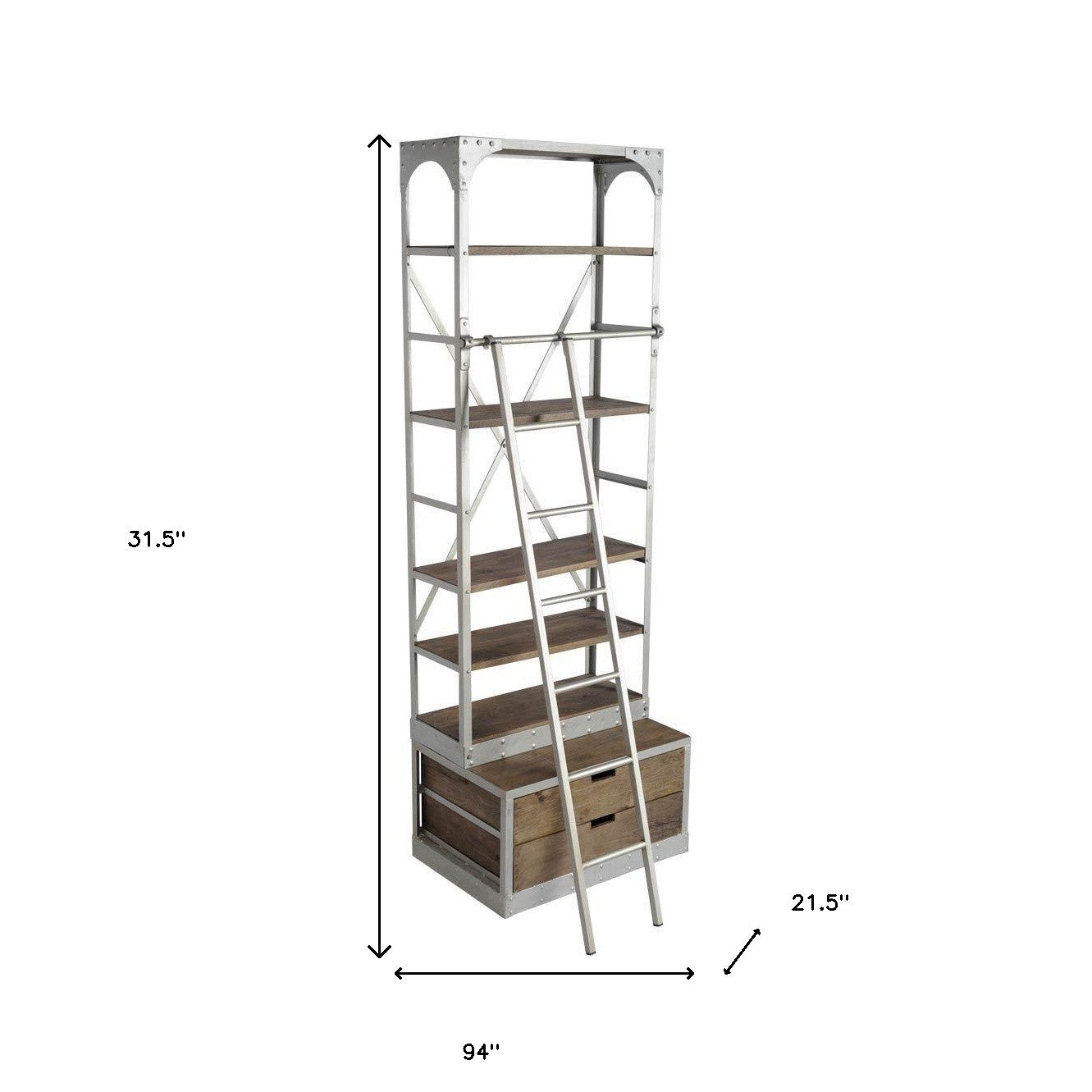 32" Light Brown And Nickel Metal and Solid Wood Five Tier Library Bookcase with Two Drawers