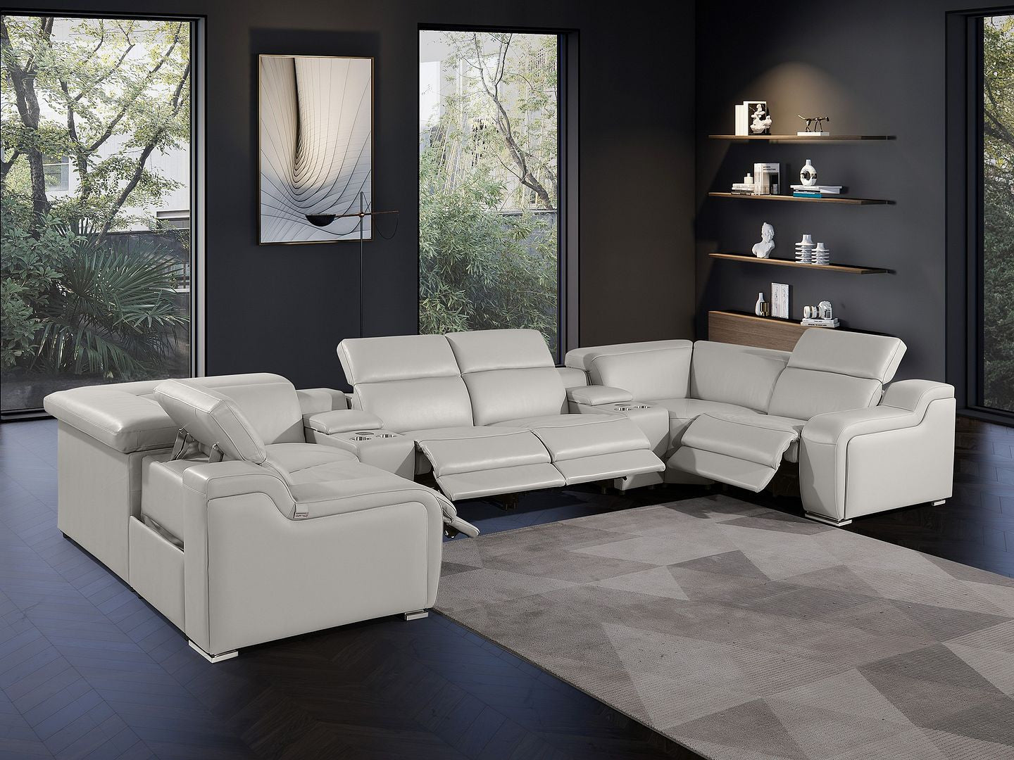 Light Gray Italian Leather Power Reclining U Shaped Eight Piece Corner Sectional With Console