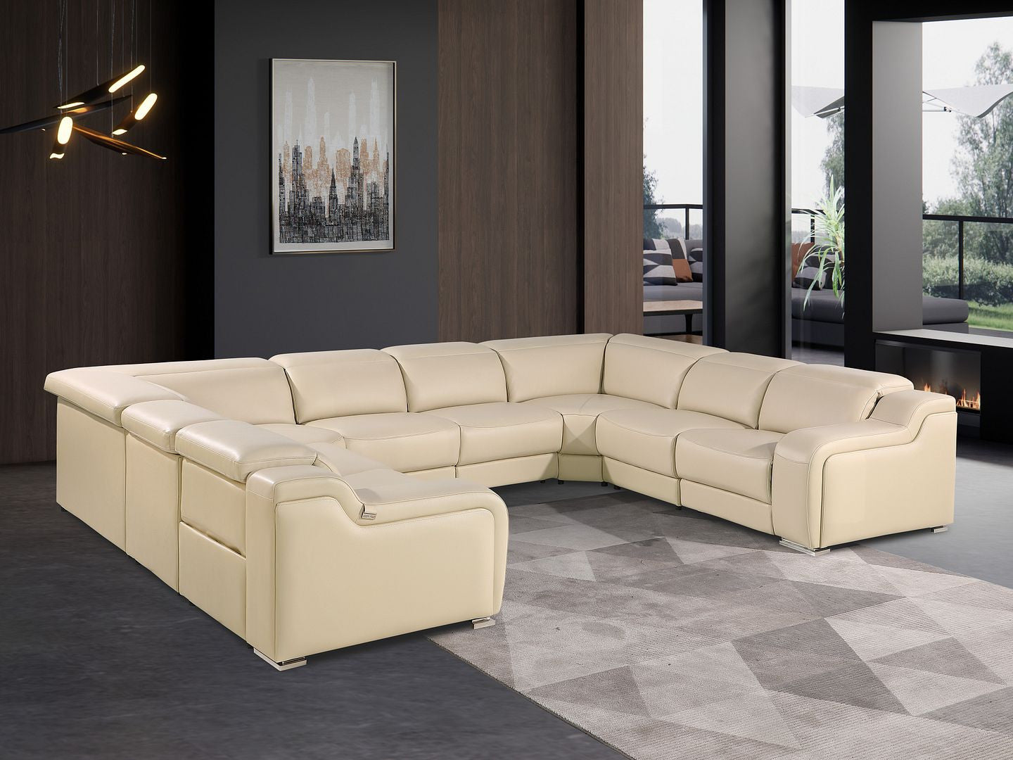 Beige Italian Leather Power Reclining U Shaped Eight Piece Corner Sectional With Console