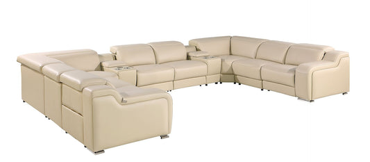 Beige Italian Leather Power Reclining U Shaped Ten Piece Corner Sectional With Console