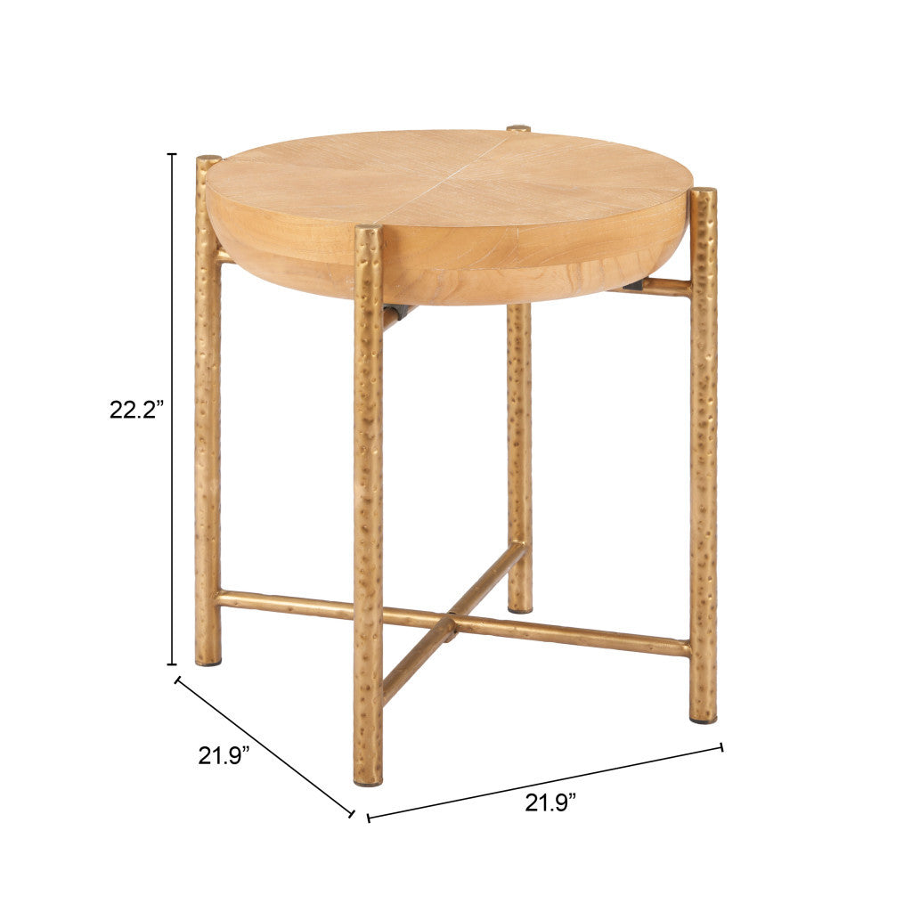 22" Natural and Gold Wood and Stainless Steel Round End Table