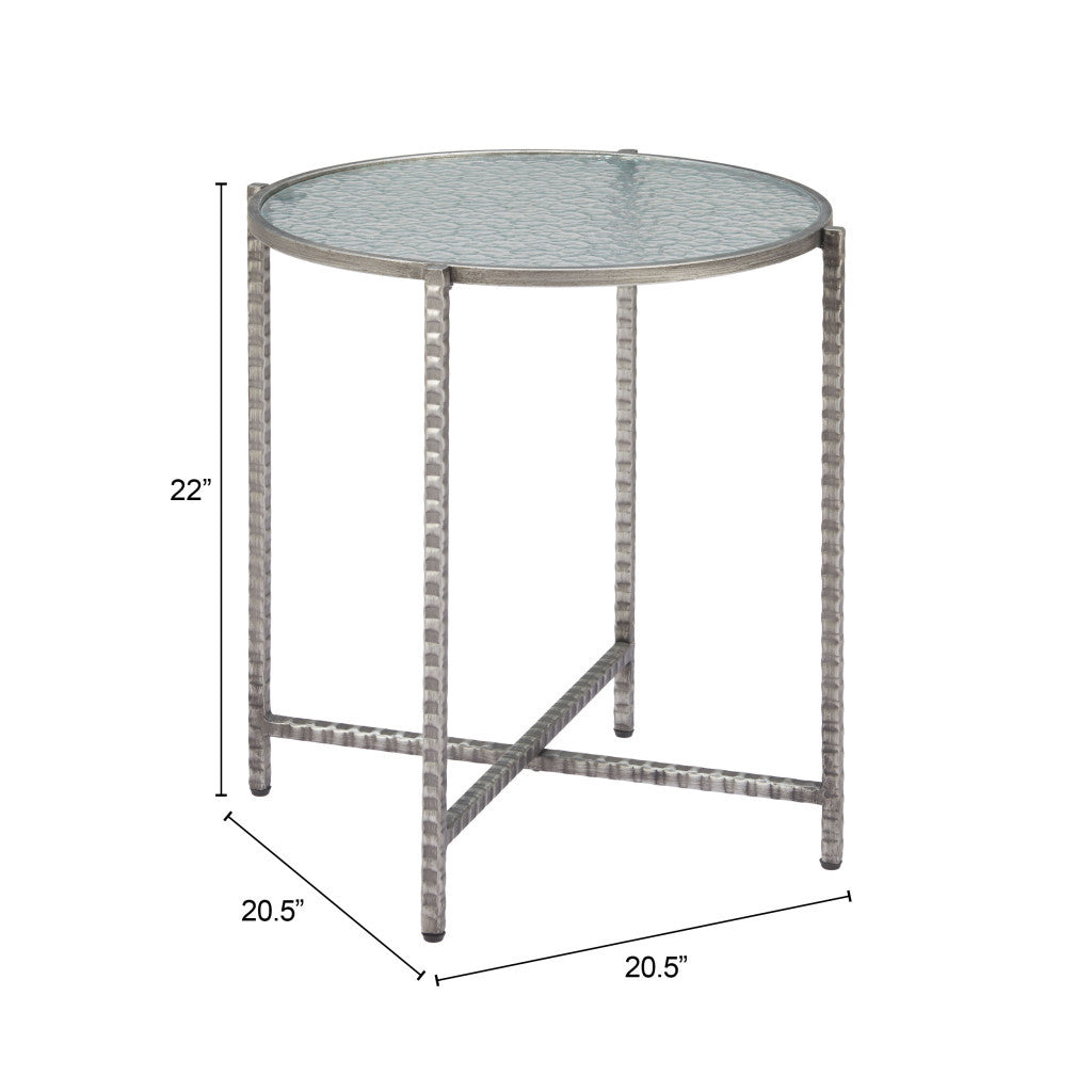 22" Clear and Silver Glass and Distressed Steel Round End Table