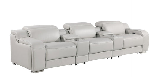 129" Light Gray Italian Leather Reclining USB Sofa