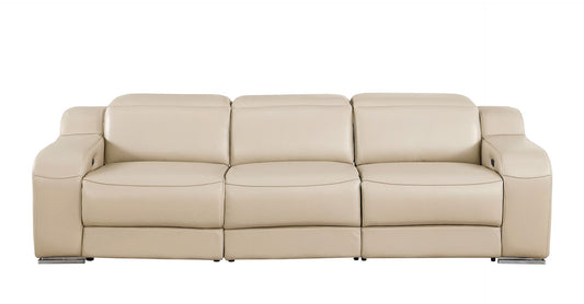 103" Beige Italian Leather Reclining USB Sofa
