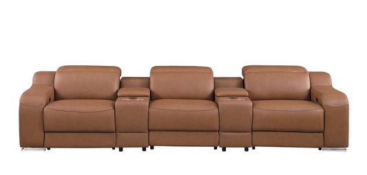 129" Chestnut Italian Leather Reclining USB Sofa