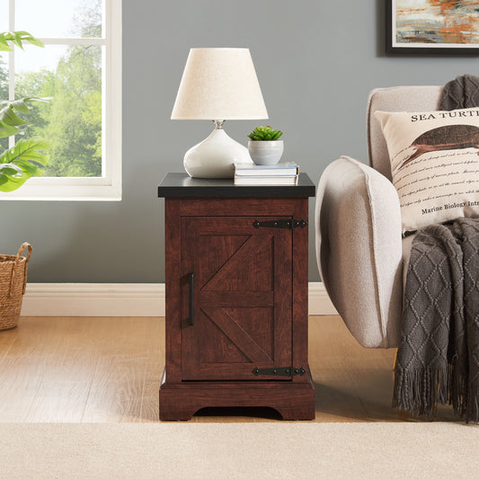 Farmhouse End Table Nightstand Rectangular Farmhouse End Table With Barn Door And Adjustable Storage Shelf, Rustic Sofa Side Table For Living Room, Bedroom, OAK