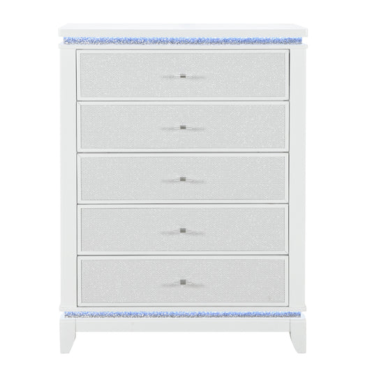 36" White Faux Crystal Glitter Wood Lighted Five Drawer Dresser