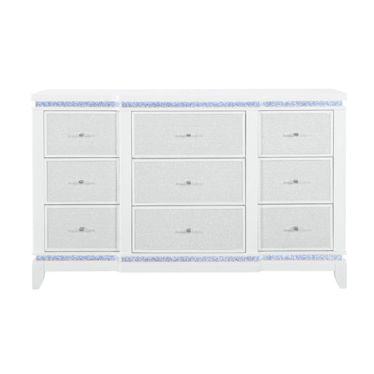 62" White Faux Crystal Glitter Wood Lighted Nine Drawer Triple Dresser